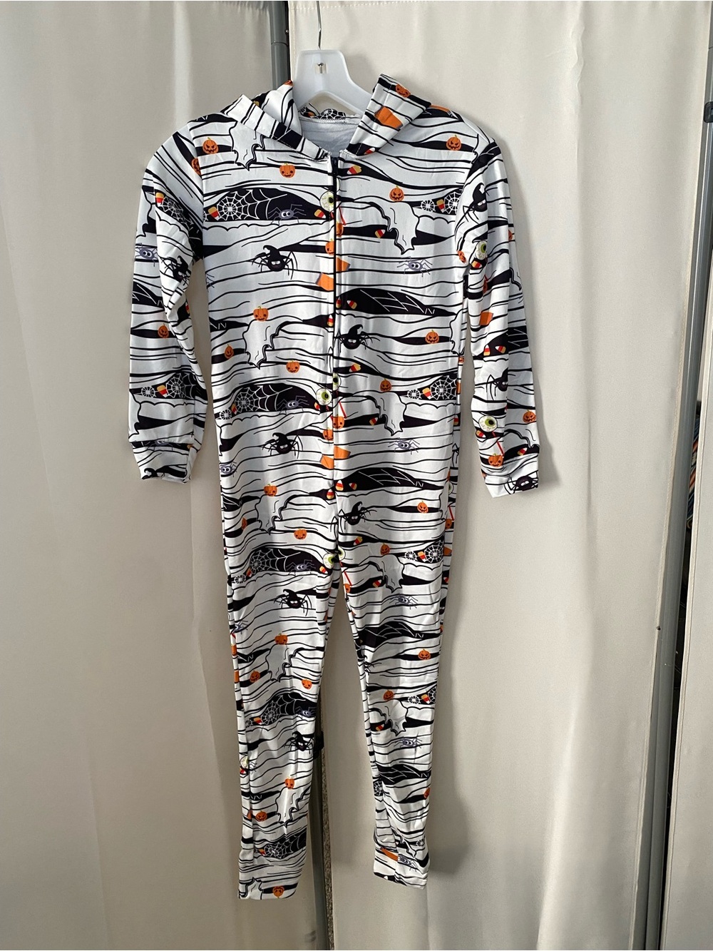 Kids Unisex Halloween One Piece Pajama Jumpsuit Size 8-10 Hooded Spider Pumpkin